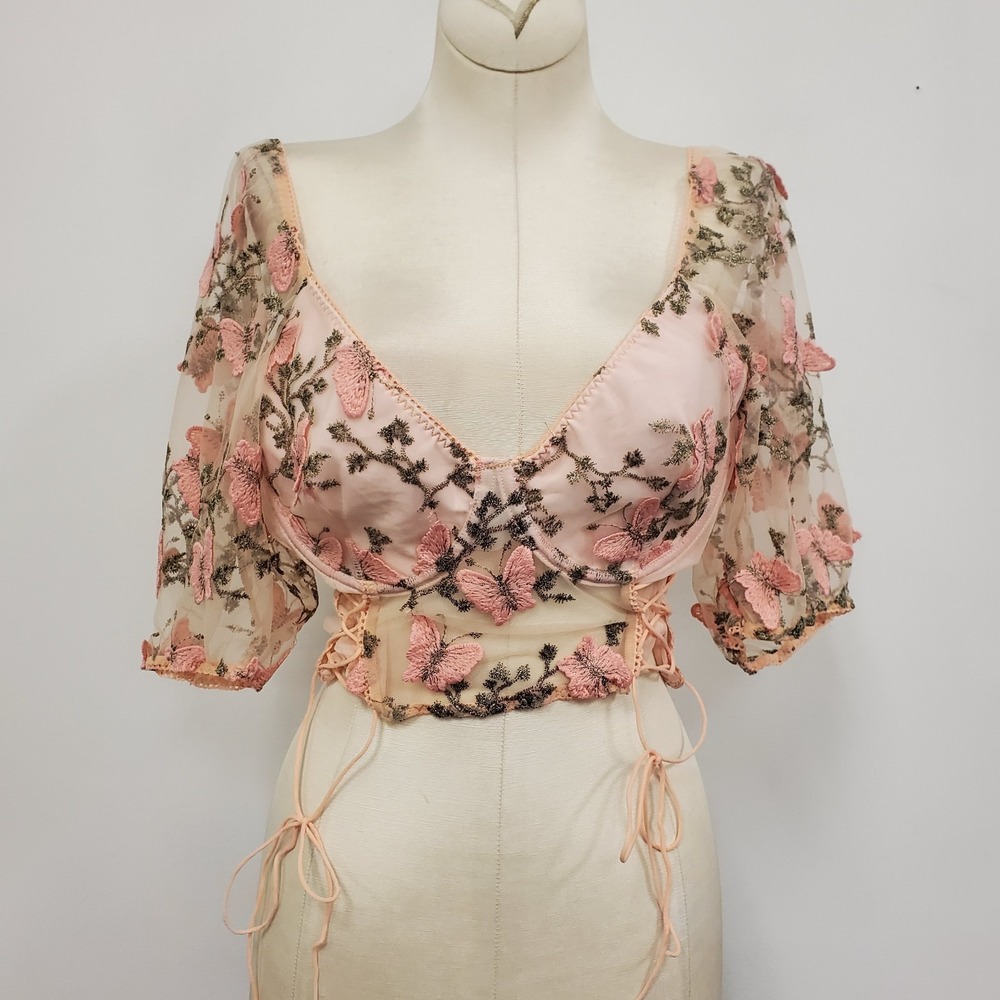 Sheer Floral Babydoll Pink Butterfly Coquette Fairy Top Size S Romantic Feminine